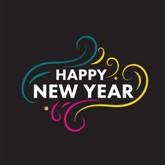 Happy New Year text with colorful swirls and dots greeting
