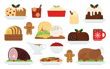Set of Christmas dinner clipart illustrations featuring roast turkey, pudding, yule log, gingerbread, drinks, and festive sides. Perfect for holiday cards, menus, and invitations.