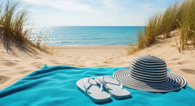 A serene beach scene with a blue towel, flipflops, and a straw hat laid out on the sand, with tall dune grass framing the view of the tranquil ocean - Powered by Adobe