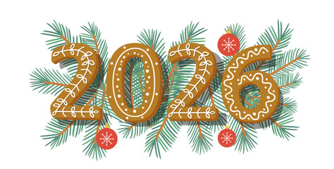 2026 year numbers made of gingerbread cookie, vector on Christmas tree branches