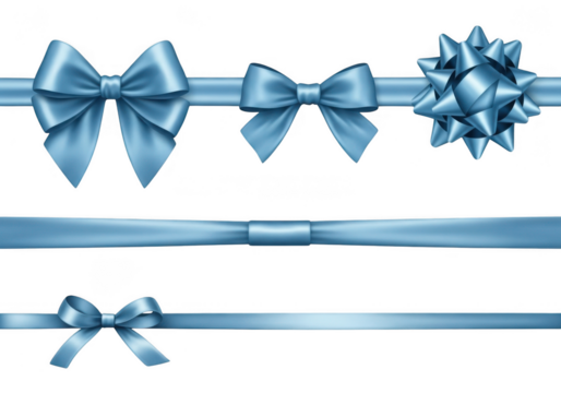 Collection of blue satin ribbons and bows, including a large bow, a small bow, and a spiky bow, isolated on transparent background grainy