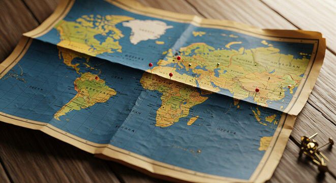 Vintage world map with pins charting an international travel route.
A warm, high-angle shot of a classic, old-fashioned world map laid out on a dark wooden table