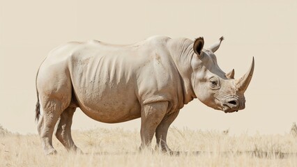 Obraz premium A white rhinoceros standing in a grassy plain against a plain background.