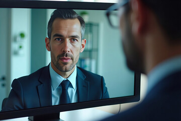 Reflection of a businessman's face during a video conference on a computer screen.