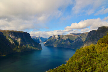 Dramatic Mountain Walls Along Aurlandsfjord in Vestland, Norway