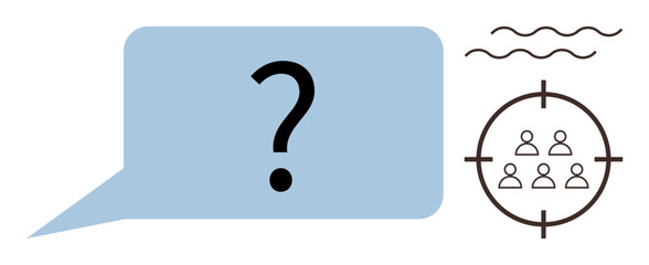 Speech bubble with question mark and target containing people icon. Ideal for communication, strategy, audience targeting, decision-making, problem-solving, marketing, and brainstorming. Simple flat