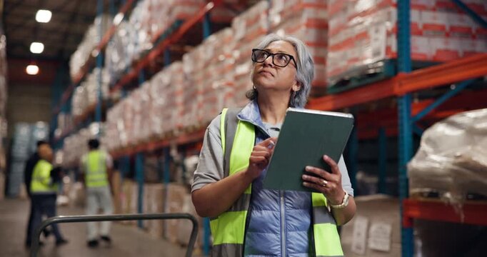 Inspection, tablet and thinking with woman in warehouse for storage of delivery or shipping stock. App, idea and inventory with mature person in supply chain depot for logistics management or service