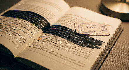 Fototapeta premium Vintage ticket nestled in an open book with sepia-toned light. A close-up, sepia-toned photograph featuring an open book resting on a surface. A vintage, aged paper ticket, labeled 
