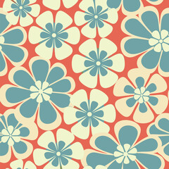 A seamless, repeating pattern of stylized retro flowers in teal, pink, and orange on a white background..