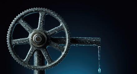 A vintage metal crank covered in water droplets symbolizes mechanical action used to access, move, or purify clear aqua liquid ,source ,machinery ,rotation