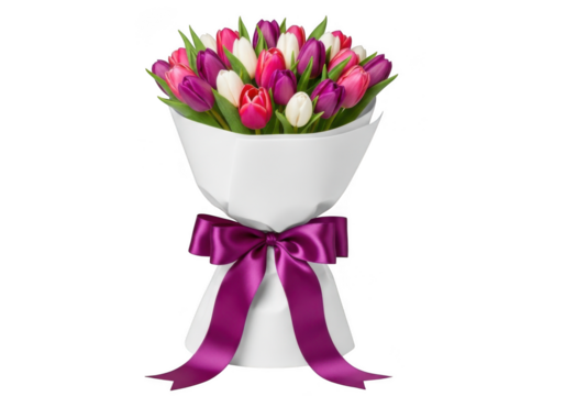 Beautiful bouquet of tulips in pink, purple, and white, wrapped in white paper and tied with a purple ribbon, isolated on transparent background grainy