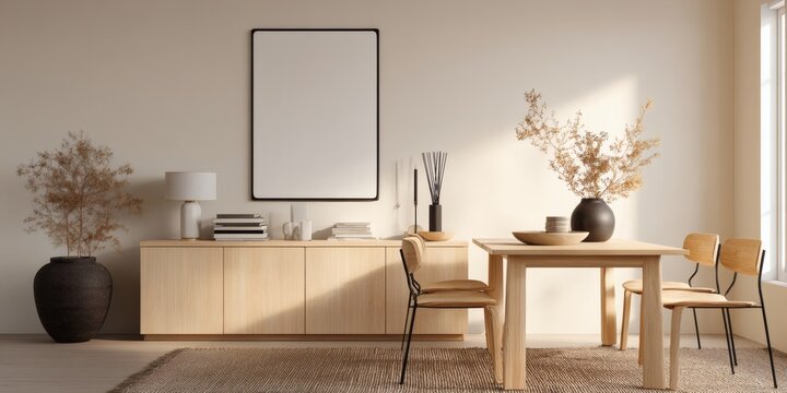  Empty poster template in stylish dining room interior with wooden chairs, decor elements, and soft lighting on neutral wall background for layout design. 3D Rendering 