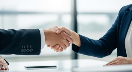 Business deal handshake between young caucasian businesswoman and asian businessman