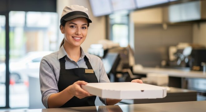 Female worker in uniform holding pizza box in modern restaurant setting - Powered by Adobe