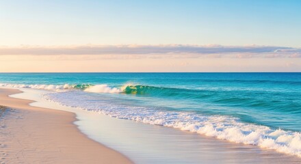 A serene tropical beach with gentle waves lapping on the shore under a soft pastel sky, evoking tranquility and paradise