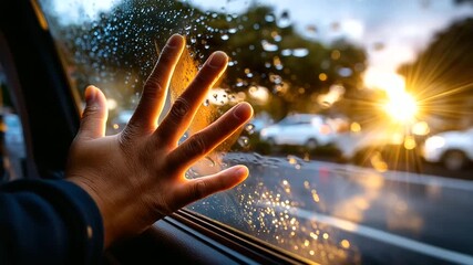 Defocused moment of a hand on the car window from inside, sunlight reflecting off the glass, silent emotional goodbye, with copy space.