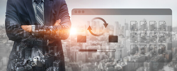 File synchronization or loading interface with progress bar, folders, and documents, symbolizing data backup, transfer, and system update Parse