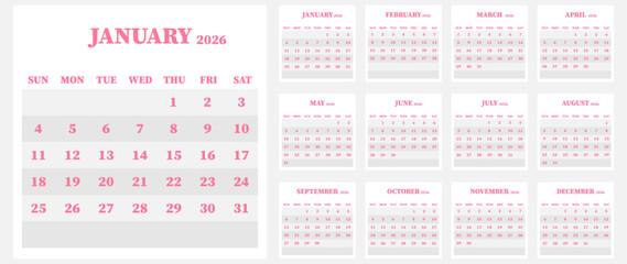 Vector calendar for 2026. Week starts on Sunday. Calendar ready for printing. Has 12 months. Stationery design concept.