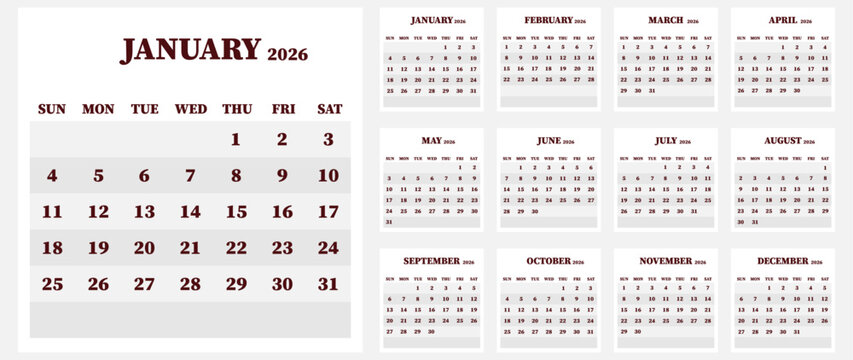 Vector calendar for 2026. Week starts on Sunday. Calendar ready for printing. Has 12 months. Stationery design concept. - Powered by Adobe