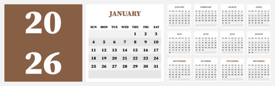 Vector calendar for 2026. Week starts on Sunday. Calendar ready for printing. Has 12 months. Stationery design concept. - Powered by Adobe