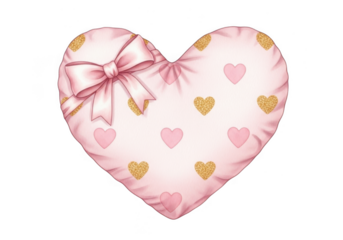 A soft pink heartshaped pillow with a bow and scattered gold and pink hearts, isolated on transparent background grainy