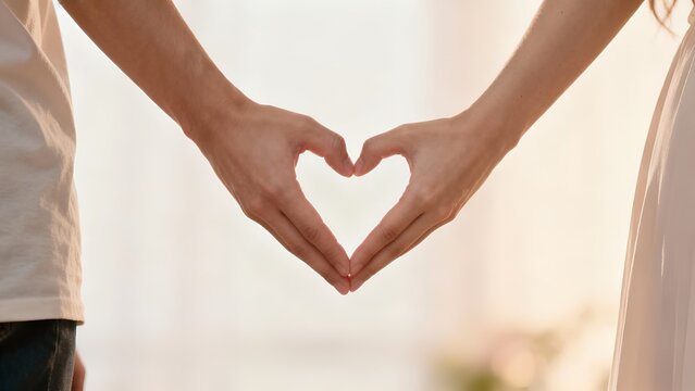 The hands of a man and a woman form a heart shape in front of bright, warm natural light.