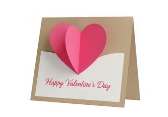 A pink heart popup valentines day card with the words happy valentines day written in script, isolated on transparent background grainy