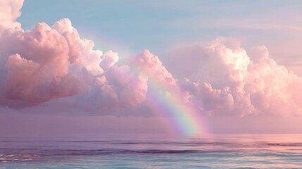 Fototapeta premium Dreamy pastel rainbow arcs over serene ocean with soft pink clouds, evoking hope and tranquility for a brighter tomorrow.