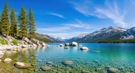 A crystalclear mountain lake reflects a vibrant blue sky with scattered clouds, surrounded by pine trees and snowcapped peaks, showcasing a serene natural landscape