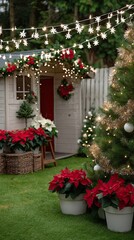 Fototapeta premium Decorative outdoor corner featuring a Christmas tree and colorful plants, creating a cheerful holiday atmosphere