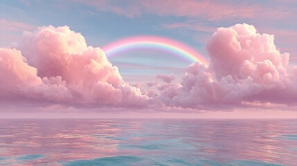 Fototapeta premium Serene pastel rainbow arches over fluffy pink clouds above tranquil ocean waters at dawn