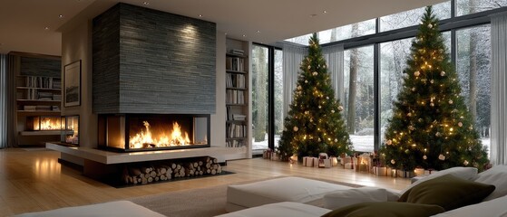 A warm living area features a crackling fireplace, soft seating, and holiday decor, creating a cozy atmosphere for winter nights