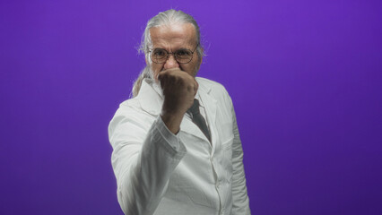 Middle aged man scientist with long gray hair and glasses in lab coat raises a clenched fist toward camera in purple studio; determination resolve.