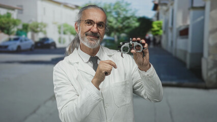 Man with hoary long hair and round glasses wearing a white lab coat holding a phoropter in his...