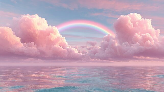 Serene pastel rainbow arches over fluffy pink clouds above tranquil ocean waters at dawn