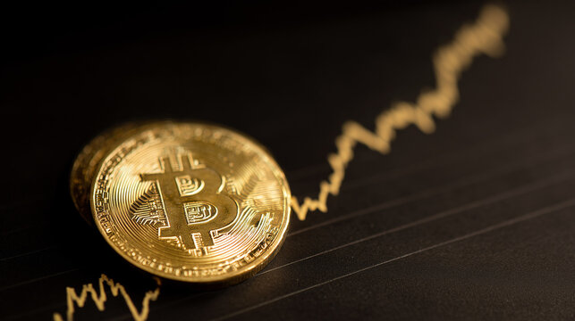 Bitcoin coin placed in front of a rising financial chart representing cryptocurrency growth, digital economy and market appreciation - Powered by Adobe