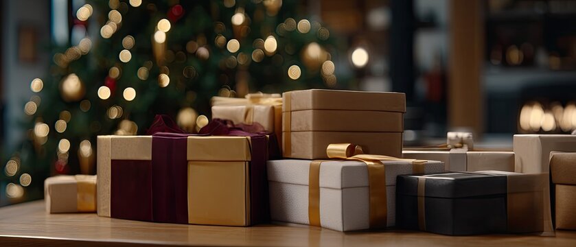 Two colorful gifts with shiny bows sit in a cozy room filled with holiday cheer, perfect for a special occasion or celebration