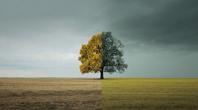 Stunning contrasting tree symbolizes change seasons and environmental duality in dramatic landscape