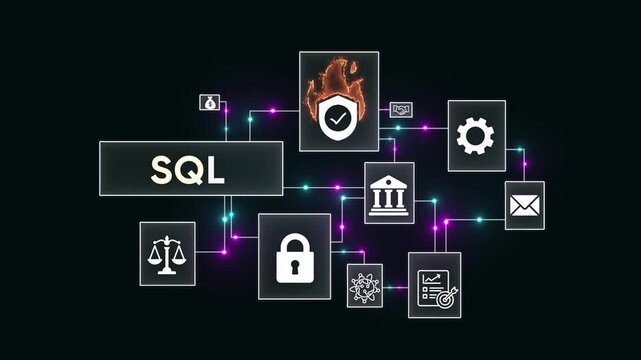 SQL Concept with Icons and Network Connections on Dark Background Structured Query Language database