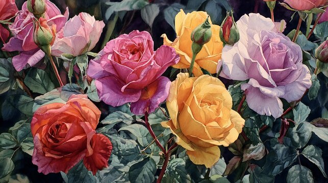 Vibrant watercolor roses in full bloom, showcasing delicate petals in shades of pink, yellow, and lavender, perfect for artistic projects. - Powered by Adobe