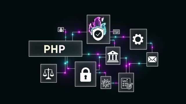 PHP programming language concept diagram with security and finance icons coding software