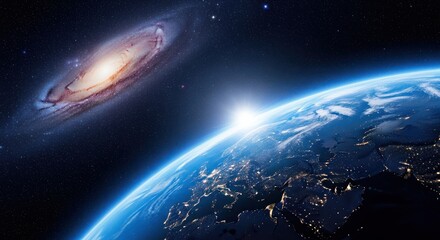 Fototapeta premium Breathtaking view of planet earth from space, with the sun rising over the horizon, illuminating the atmosphere, and a distant spiral galaxy