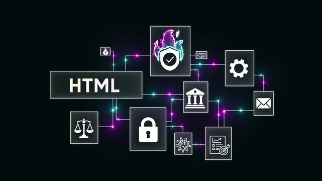 HTML markup language diagram with security and finance icons on dark background HTML development