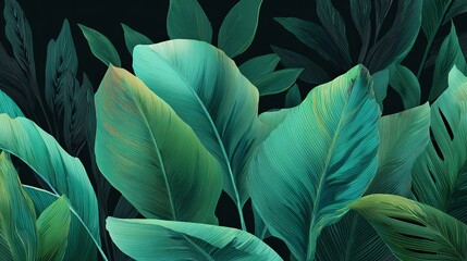 Lush tropical foliage in vibrant emerald and teal hues creates a serene, exotic jungle backdrop for natural beauty and wellness themes