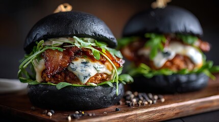 Indulge in a gourmet black bun burger piled high with crispy bacon, melted blue cheese, and fresh arugula for an unforgettable culinary experience.