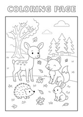 Fototapeta premium Coloring page with animals in the forest. Coloring page with deer, fox, rabbit and hedgehog isolated on white background. Outlined coloring page. Line art. Cartoon style. Vector illustration.