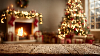 Warm holiday living room scene with burning fireplace, wooden tabletop foreground, Christmas stockings, candlelit garland, decorated Christmas tree, wrapped gifts and soft bokeh lights. 
