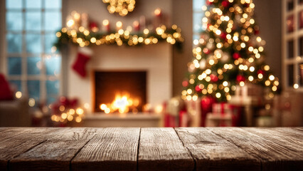 Cozy Christmas room featuring burning fireplace, blurred holiday lights, evergreen tree with ornaments, window backdrop, gift boxes and natural wooden tabletop.