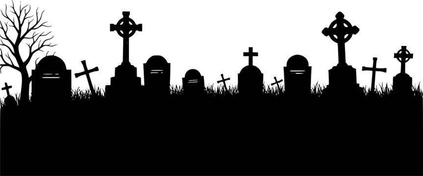 Graveyard silhouette. This image shows a graveyard with various tombstones and crosses in silhouette form, creating a spooky and eerie atmosphere. Vector clipart illustration design
