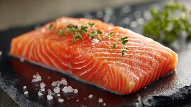 Vibrant salmon fillet with fresh herbs and sea salt, ready for gourmet preparation in a professional culinary setting.